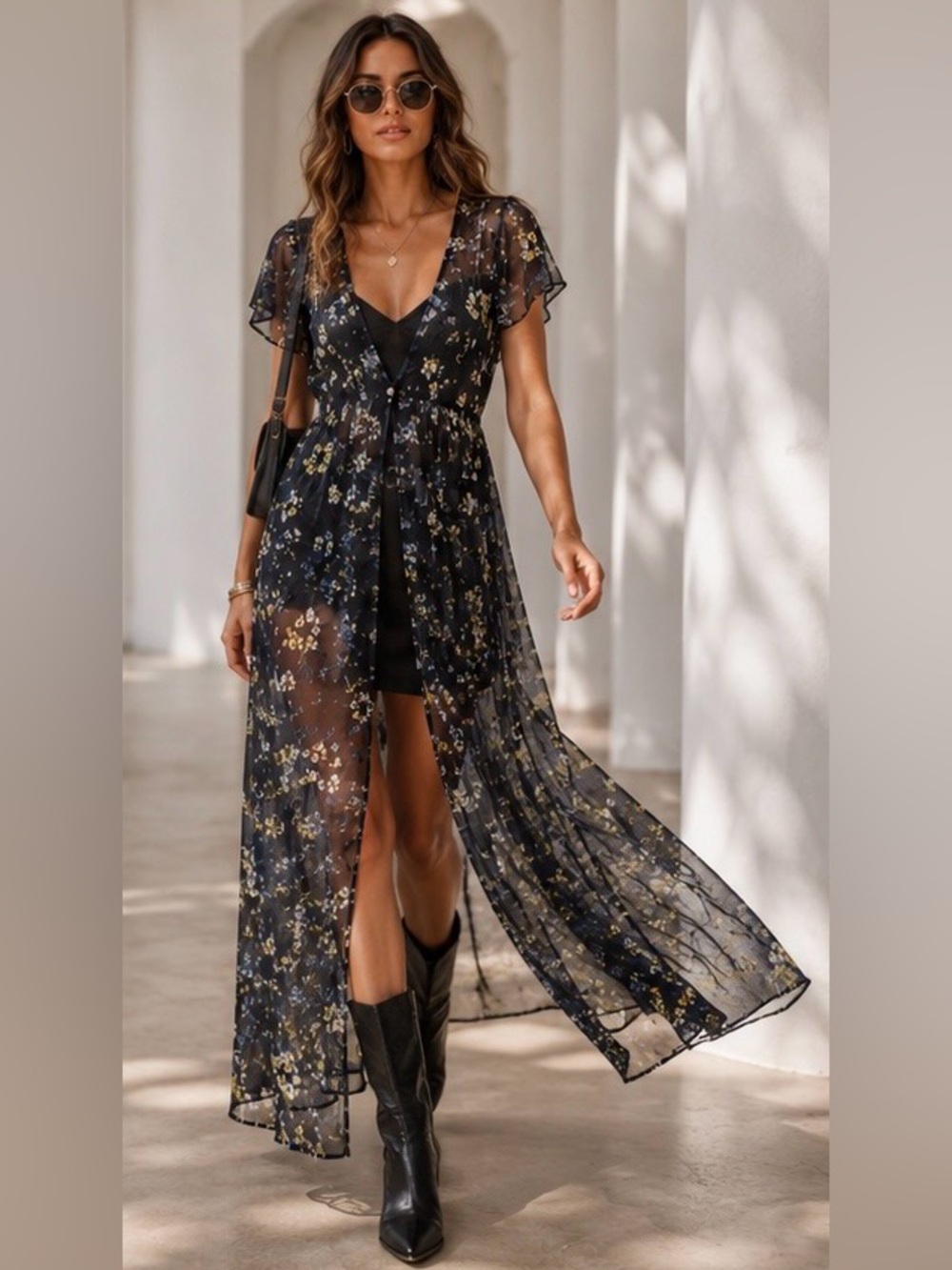 HOMMAGE Sheer Floral Maxi Duster Dress‎ Blue Boho Layering